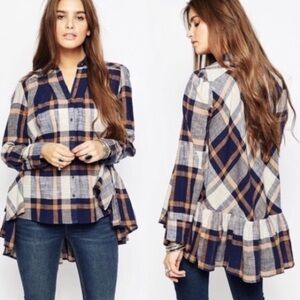 Free People Plaid Hi Low Ruffle Hem Button Up Shirt Blue and Cream Size XS